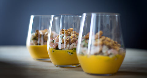 Salade de crevettes et purée de carottes